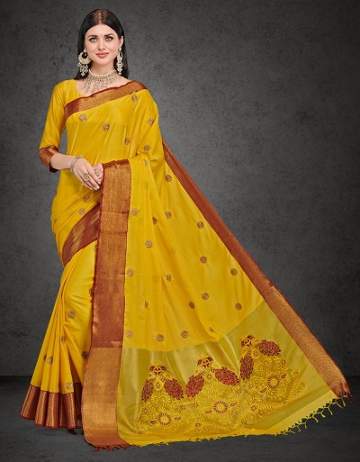 Raazi Bela Sunshine Yellow Cotton saree