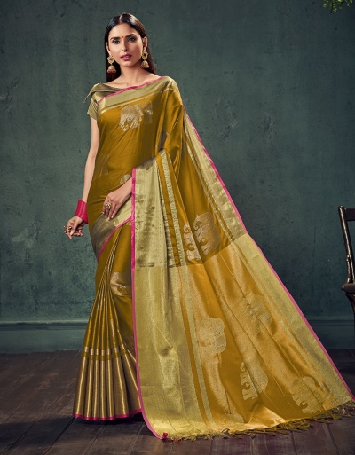 Swarna Karini Mustard Yellow Festive Wear Cotton Saree