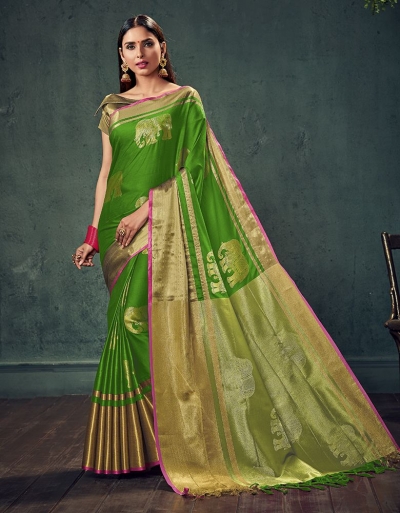 Swarna Karini Lush Green Festive Wear Cotton Saree