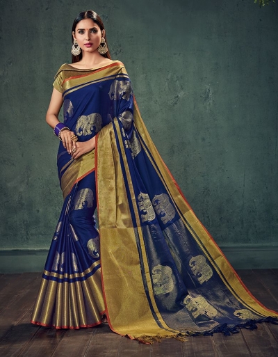 Swarna Karini Symphony Blue Festive Wear Cotton Saree