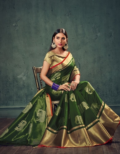 Swarna Karini Olive Green Festive Wear Cotton Saree