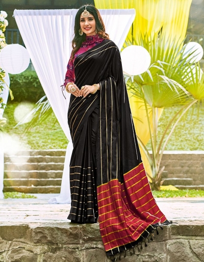 Sampada Onyx Black Wedding Wear Cotton Saree