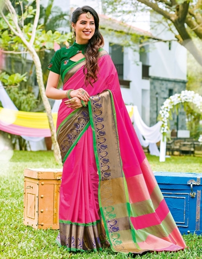 Tazeen Jazzy Pink Wedding Wear Cotton Saree