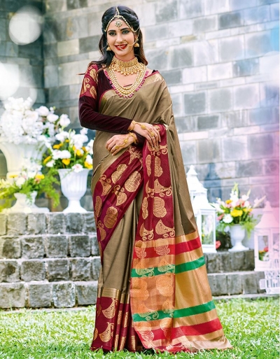 Sanaz Duskin Beige Wedding Wear Cotton Saree