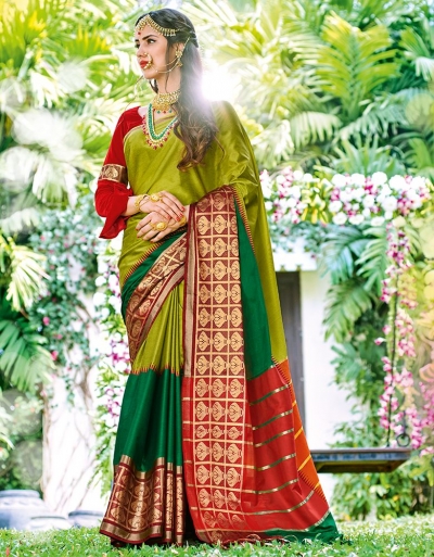 Riti Lime Green Wedding Wear Cotton Saree