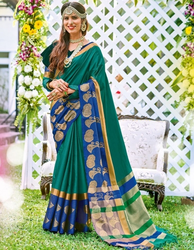 Sanaz Azure Green Wedding Wear Cotton Saree