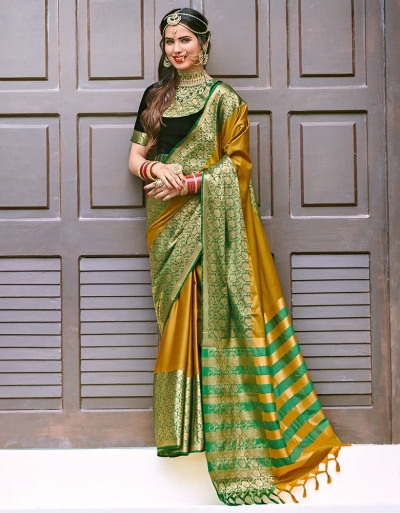 Siyona Mustard Yellow Wedding Wear Cotton Saree