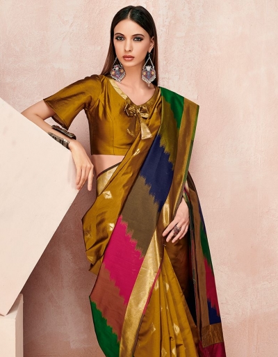 Zoya Mustard Golden Designer Wear Cotton Saree