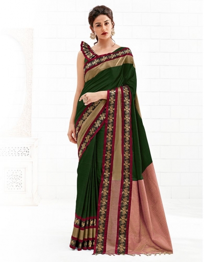 Chaitra Olive Green Festive Wear Cotton Saree