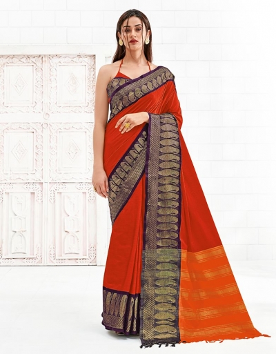 Reemika Tangy Orange Festive Wear Cotton Saree