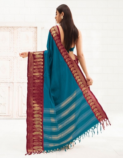 Reemika Peacock Blue Festive Wear Cotton Saree