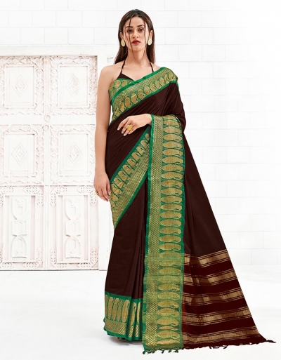 Reemika Chocolate Brown Festive Wear Cotton Saree