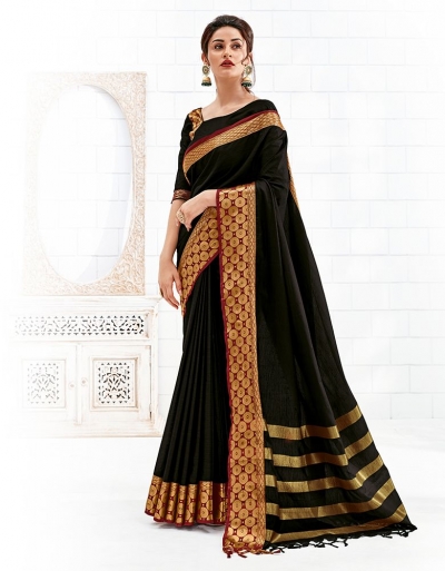 Bavitha Onyx Black Festive Wear Cotton Saree