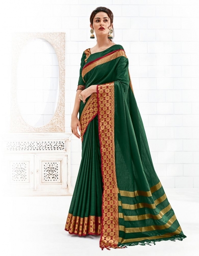 Bavitha Emerald Green Festive Wear Cotton Saree