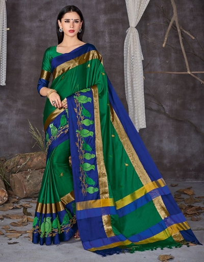 Aangi Pankhi Forest Green Festive Wear Cotton Saree