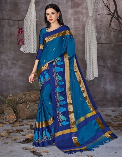 Aangi Pankhi Peacock Blue Festive Wear Cotton Saree