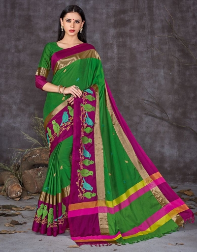 Aangi Pankhi Holy Green Festive Wear Cotton Saree