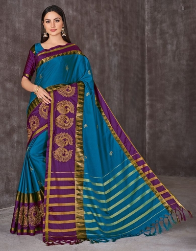 Anaika Mayuri Peacock Blue Festive Wear Cotton Saree