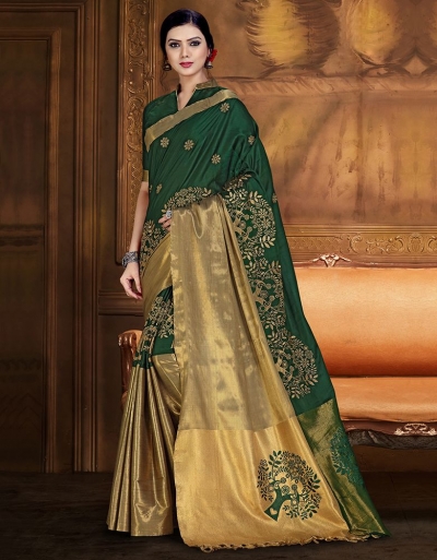 Aryaa Aabha Emerald Green Festive Wear Cotton Saree