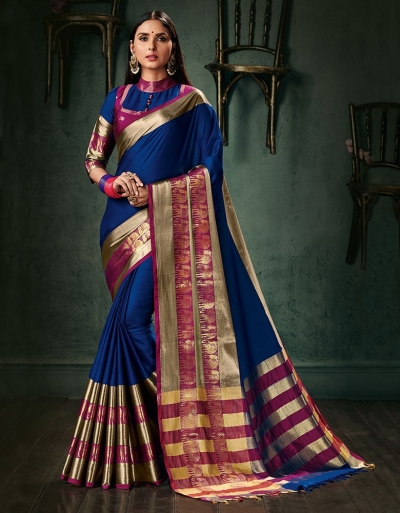 Amani Sapphire Blue Wedding Wear Cotton Saree