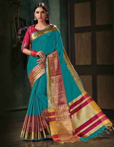 Amani Aqua Blue Wedding Wear Cotton Saree