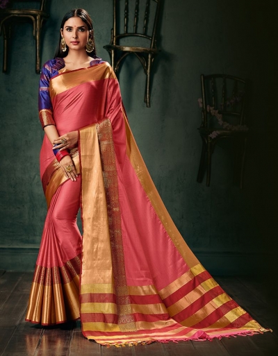 Amani Coral Pink Wedding Wear Cotton Saree