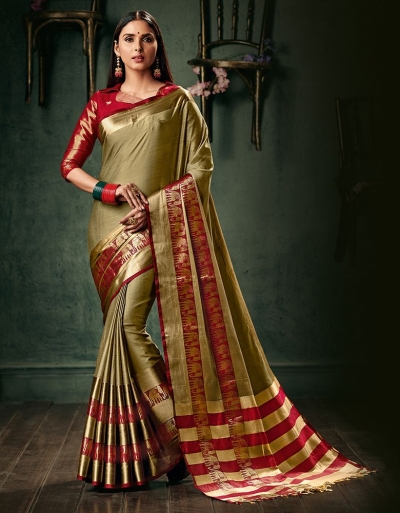 Amani Duskin Beige Wedding Wear Cotton Saree