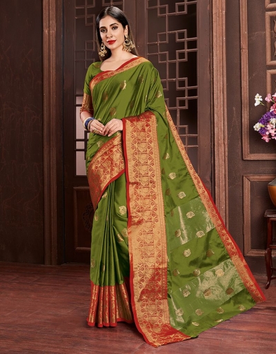 Ashra Olive Green Cotton Saree