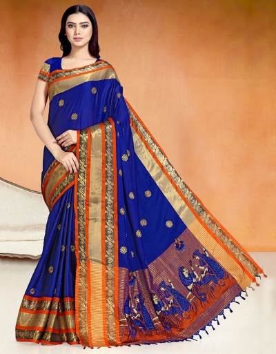 Chaitra Kala Sapphire Blue Cotton Saree