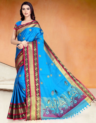 Chaitra Kala Peacock Blue Cotton Saree