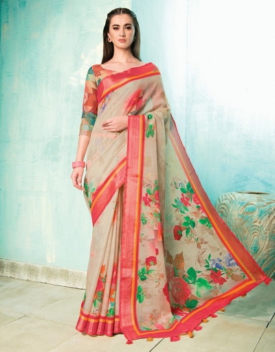 Neisha Duskin Beige Linen Printed Saree