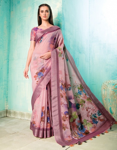 Neisha Thistle Pink Linen Printed Saree