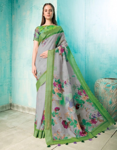 Neisha Ash Grey Linen Printed Saree