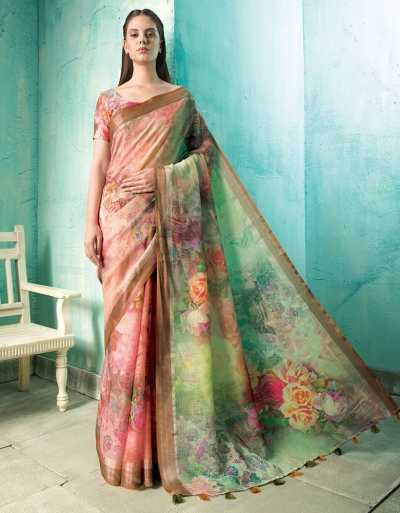 Neisha Coral Orange Linen Printed Saree