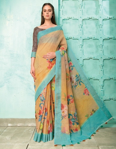 Neisha Golden Orange Linen Printed Saree