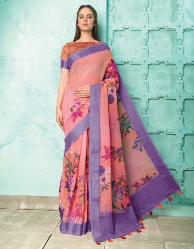 Neisha Fuschia Pink Linen Printed Saree