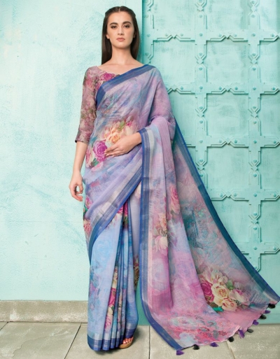 Neisha Iris Purple Linen Printed Saree