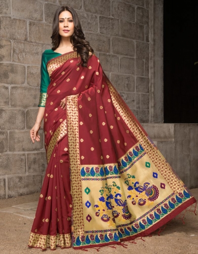 Mayil Weaved Floral Motif Red Saree