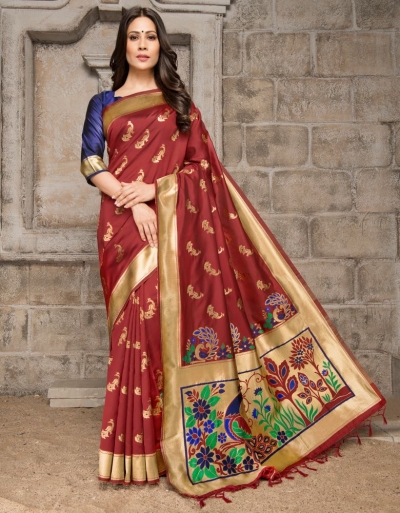 Mayil Weaved Peacock Motif Red Saree