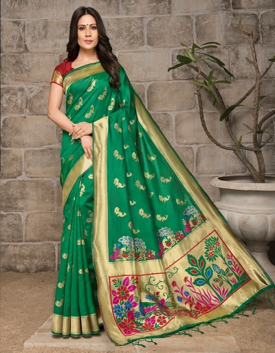 Mayil Weaved Peacock Motif Garnet Green Saree