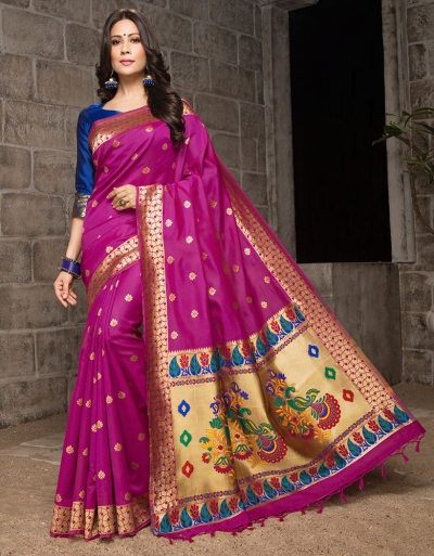 Mayil Weaved Floral Motif Rani Pink Saree