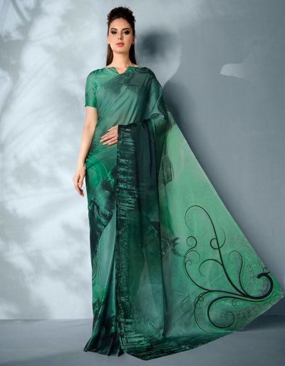 Ziva Digital Printed Emerald Green Saree