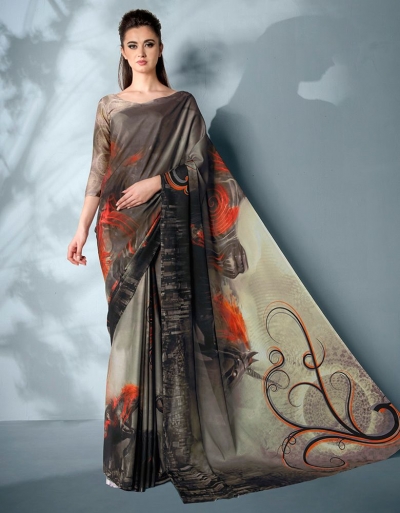 Ziva Digital Printed Ash Black Saree