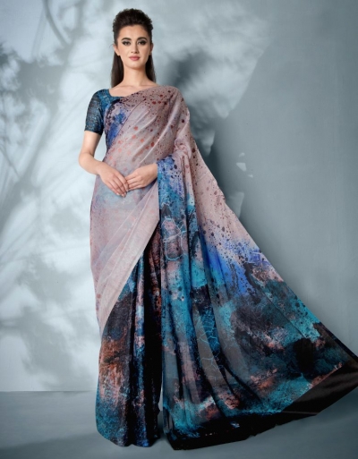 Ziva Digital Printed Peacock Blue Saree