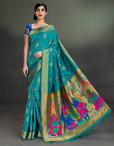 Regal Kalash Motif Turquoise Blue Saree