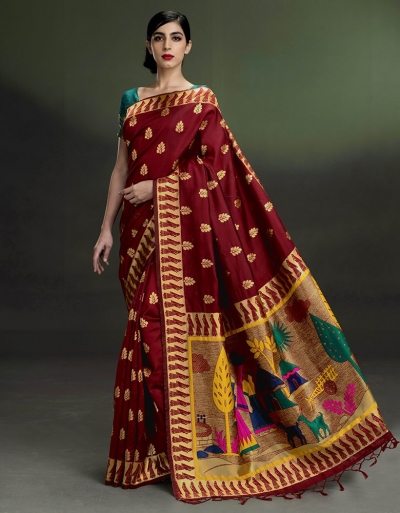 Regal Leaf Motif Currant Maroon Saree