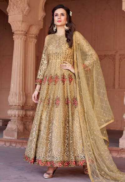 beige net ankle length anarkali suit 1624