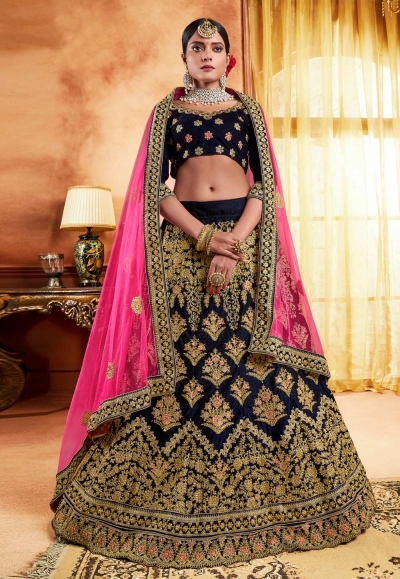 navy blue velvet circular lehenga choli 3002