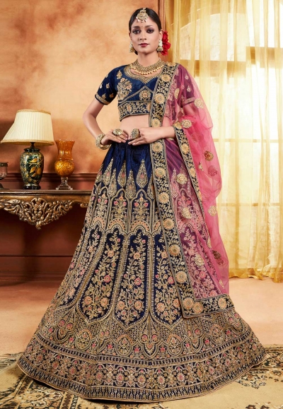 navy blue velvet circular lehenga choli 3004