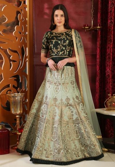 light green silk lehenga and dark green peplum 1047